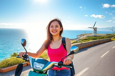Woman happily riding scooter on Jeju coastal road with windmills